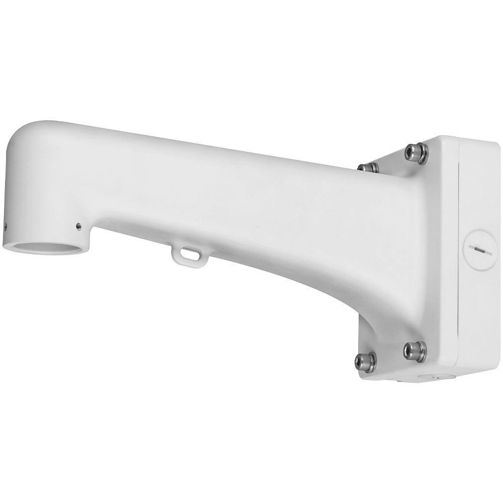 Weiße Wandhalterung mit verzinkten Schrauben, geeignet für Befestigung von Geräten, in seitlicher Ansicht dargestellt.
