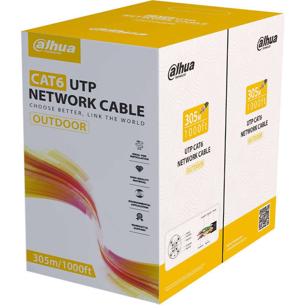 Ein Karton mit Aufschrift 'Dahua Technology CAT6 UTP Network Cable, 305m/1000ft, Outdoor', illustriert mit Kabelschemata und einem bunten Streifen darunter, zeigt Produkt- und Anwendungshinweise.