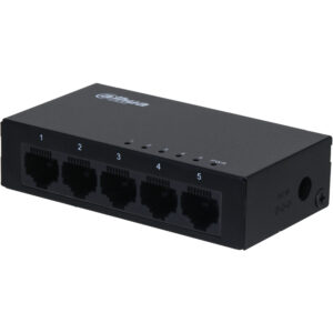 Ein schwarzer Netzwerk-Switch mit fünf Ethernet-Ports, nummeriert von 1 bis 5, und einer LED-Anzeige oben.
