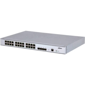 Silberfarbener Netzwerk-Switch mit mehreren Ethernet-Ports auf der Vorderseite.