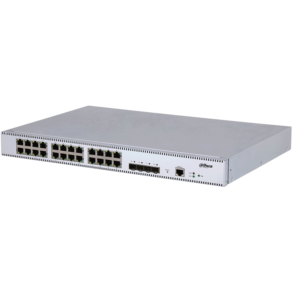 Silberfarbener Netzwerk-Switch mit mehreren Ethernet-Ports auf der Vorderseite.