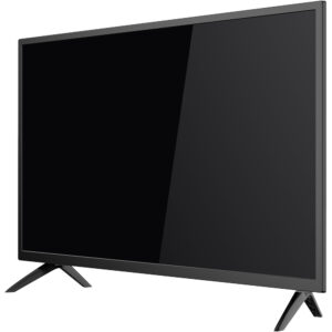 Flacher moderner Fernseher mit schwarzem Bildschirm, auf zwei angewinkelten Standfüßen ruhend.