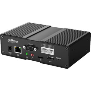 Ein schwarzes elektronisches Gerät mit verschiedenen Anschlüssen, darunter RS232, Ethernet, Audioeingänge, USB und eine Reset-Taste, von der Marke Dahua Technology.