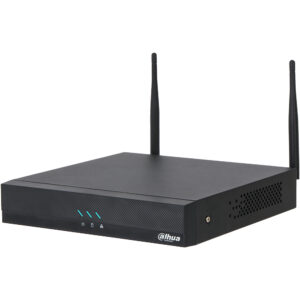 Ein schwarzer Router von Dahua mit zwei Antennen und leuchtenden LED-Anzeigen an der Vorderseite.