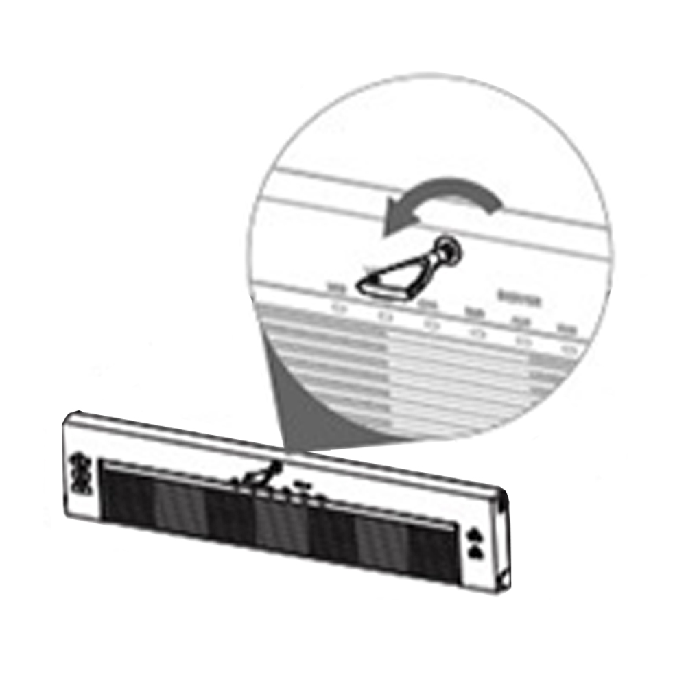 Illustration eines Türschilds mit einem vergrößerten Detailbild des Mechanismus zur Namensänderung, der durch Drehen eines Hakens funktioniert.