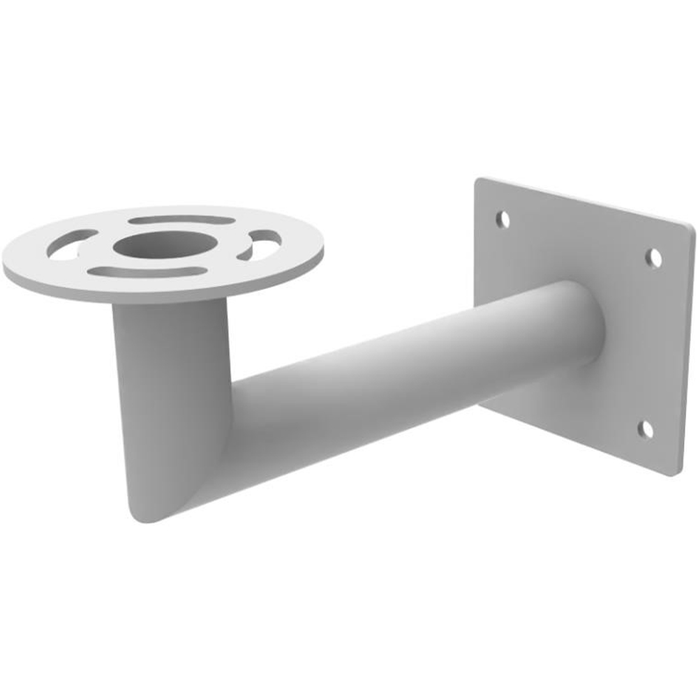 Ein weißer Wandhalterungsarm aus Metall mit einem flachen Bodenstück und einem runden, gelochten Scheibenende.