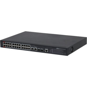 Ein 24-Port PoE-Switch von Dahua in einem schwarzen Gehäuse, mit mehreren Ethernet-Anschlüssen und Belüftungsgitter an der Seite.