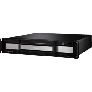 Schwarzer Netzwerk-Videorekorder in Rackmount-Design mit silbernem Frontpanel und mehreren Anschlüssen und Kontrollleuchten.