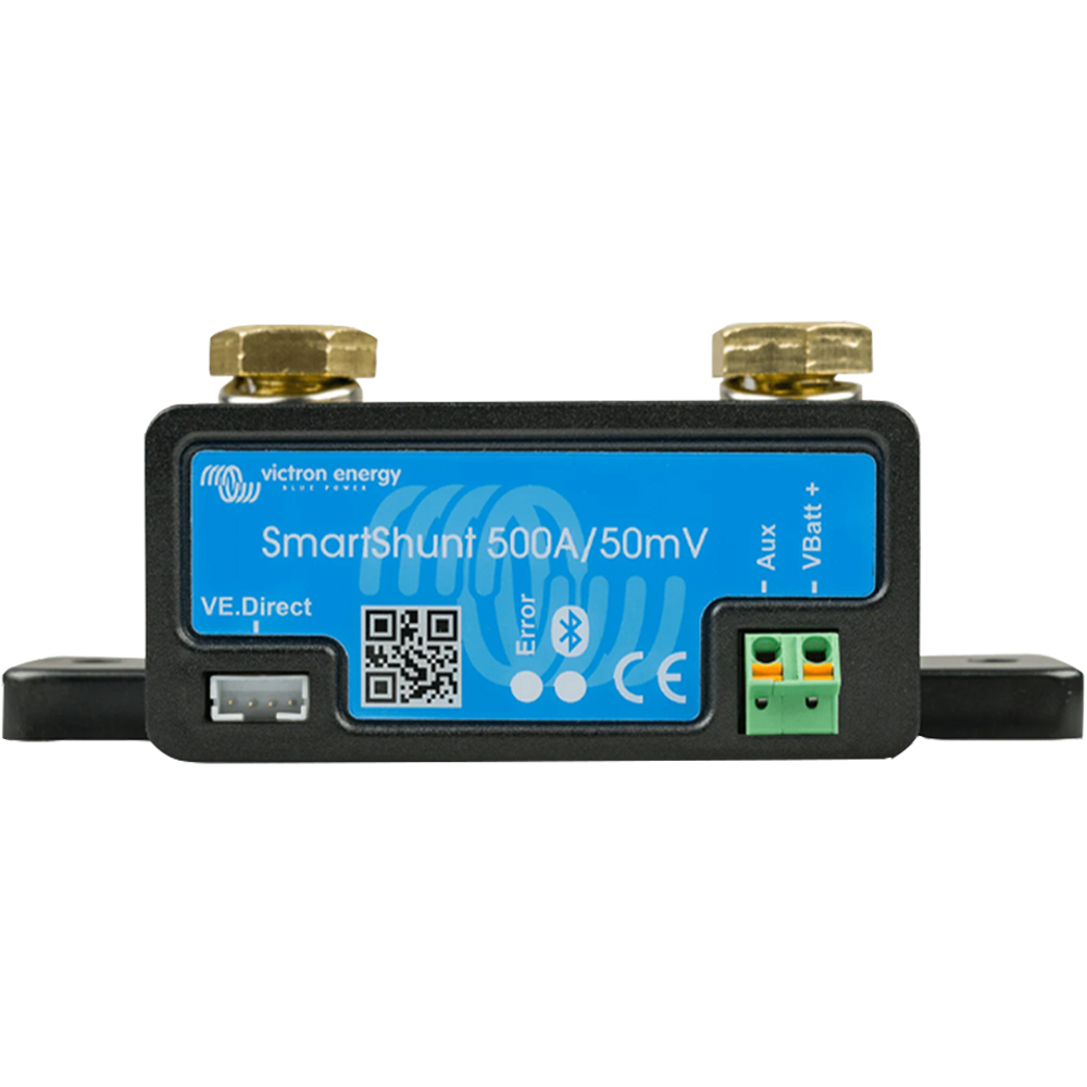 Ein Victron Energy SmartShunt mit einer Kapazität von 500A/50mV, mit blauer Beschriftung und Anschlüssen für VE.Direct, Aux und VBatt.