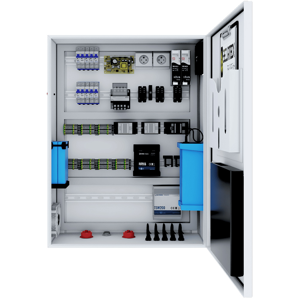 Ein geöffneter Schaltschrank mit verschiedenen elektrischen Komponenten, darunter Sicherungen, Module und Anschlüsse, ordentlich auf mehreren Ebenen angeordnet. Zwei blaue Geräte befinden sich rechts, und auf der Türinnenseite gibt es eine Halterung.