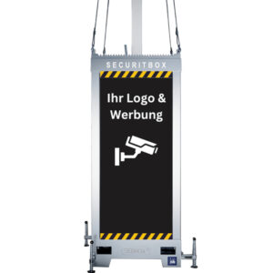 Werbesäule mit der Beschriftung 'Ihr Logo & Werbung' und einem Symbol einer Überwachungskamera, mit der Aufschrift 'SECURITBOX' oben am Rand.