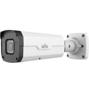 Weiße Überwachungskamera von UNV, montiert an einem verstellbaren Wandhalter.