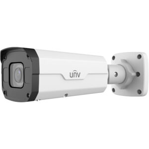 Weiße Überwachungskamera von Uniview in zylindrischer Form mit dunkel abgesetzter Linse und verstellbarem Wandhalterung.