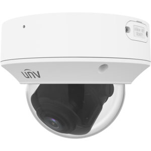 Weiße Sicherheitskamera mit Kuppelform, die das Logo "UNV" trägt und über einen Micro-SD-Steckplatz verfügt.