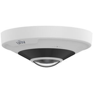 Eine weiße, runde Deckenüberwachungskamera mit Fisheye-Objektiv und dem Schriftzug "unv" an der Seite.