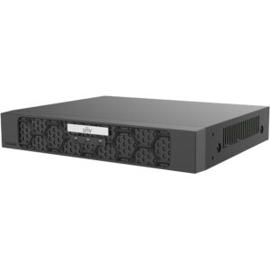 Ein schwarzer NVR (Network Video Recorder) von Uniview, gekennzeichnet durch ein wabenförmiges Muster auf der Frontplatte, auf einem weißen Hintergrund.