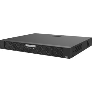 Ein schwarzer elektronischer Netzwerkrekorder mit einer hexagonalen Musterfront und mehreren Anschlussmöglichkeiten, einschließlich HDMI.