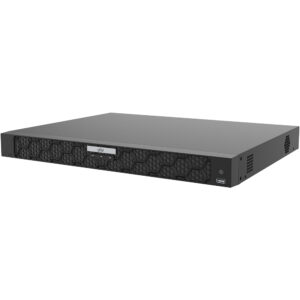 Ein schwarzer Netzwerk-Videorekorder mit einem Wabenmuster auf der Vorderseite und einem USB-Anschluss, geeignet zur professionellen Überwachung.