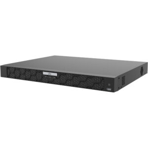 Ein schwarzer Server in flachem Gehäuse mit einem Wabendesign auf der Vorderseite und einem USB-Anschluss unten rechts.