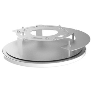Ein metallisches Bauteil mit zylindrischer Form und mehreren Schrauben, die es an einer Platte befestigen, in einem industriellen Design.