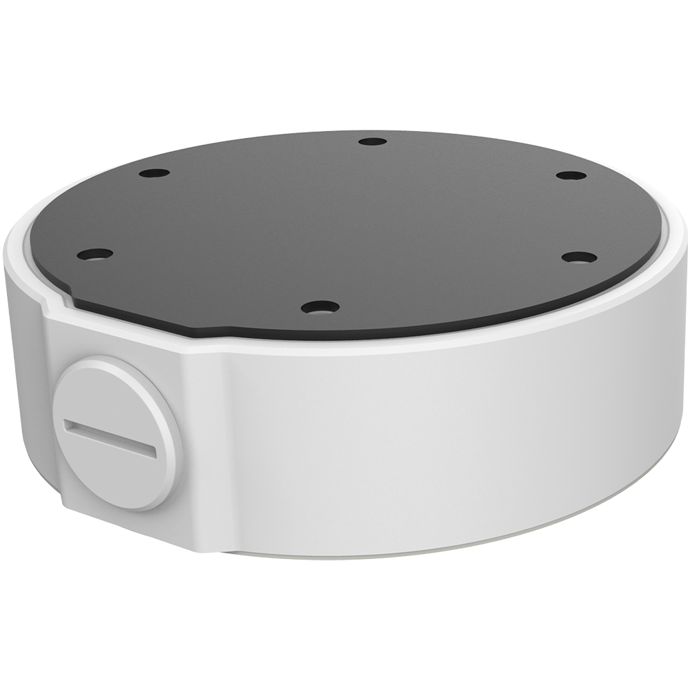 Runde, weiße Kunststoff-Halterung mit schwarzer, flacher Oberseite und mehreren Löchern, vermutlich zur Montage oder Befestigung.