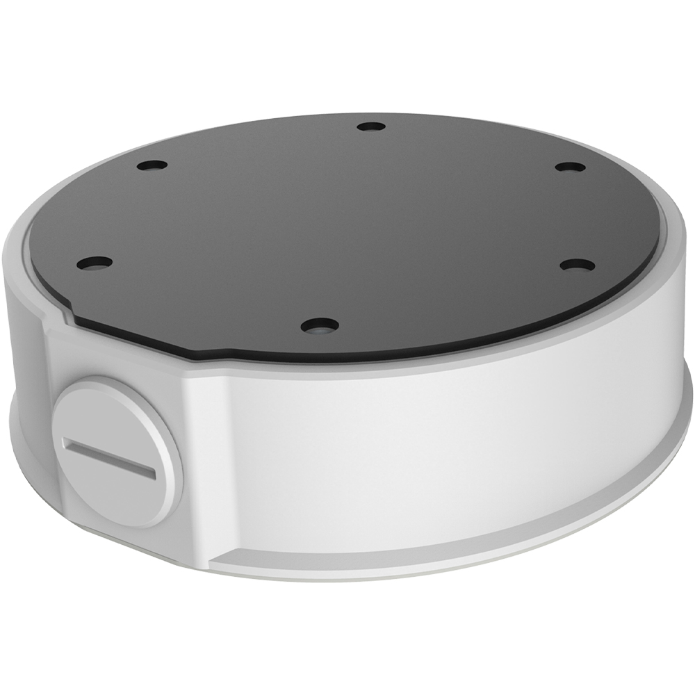 Weiße, runde Montagehalterung mit schwarzer Oberfläche und mehreren Schraublöchern, seitlich eine Schlitzschraube sichtbar.