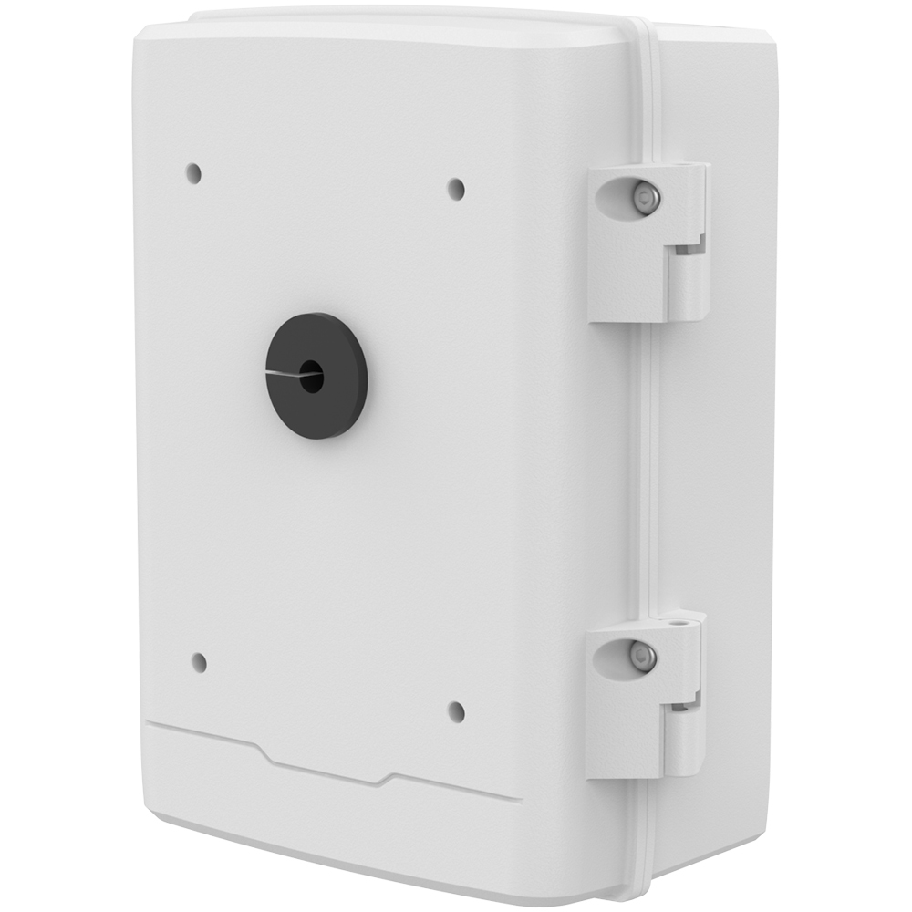 Weiße, rechteckige Box mit abgerundeten Ecken, die an der Vorderseite ein schwarzes, rundes Element und seitliche Verschlüsse aufweist.