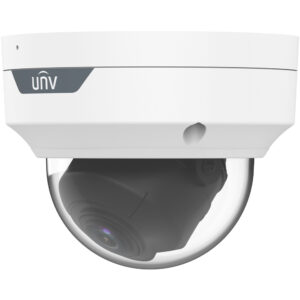 Dome-Überwachungskamera mit weißem Gehäuse und transparentem Abdeckglas, das das Kameraobjektiv schützt.