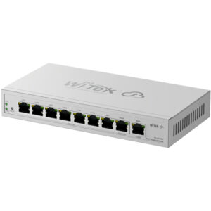 Ein silbernes Netzwerkgerät von Wi-Tek mit acht LAN-Ports und einem WAN-Port auf der Vorderseite, begleitet von einem Reset-Knopf und Statusleuchten.