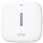 Weißer WLAN-Access-Point mit der Aufschrift 'Wi-Tek Communication Solution' und einem kleinen blauen LED-Licht oben.