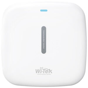 Weißer WLAN-Access-Point mit der Aufschrift 'Wi-Tek Communication Solution' und einem kleinen blauen LED-Licht oben.