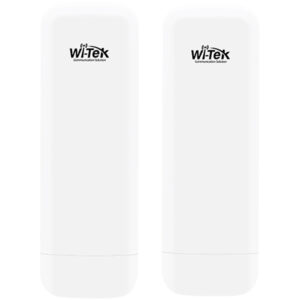 Zwei weiße, turmförmige Kommunikationsgeräte der Marke Wi-Tek mit dem Logo "Wi-Tek Communication Solution".