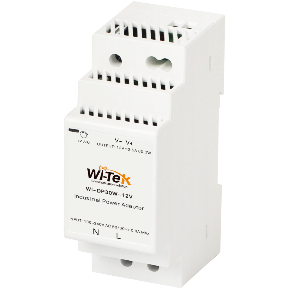 Industrieller Stromadapter von Wi-Tek mit der Modellnummer WI-DP30W-12V, geeignet für 12V-Ausgang bei 2,5A und 30,0W, mit einer Eingangsleistung von 100-240V AC bei 50/60Hz und 0,8A maximal.