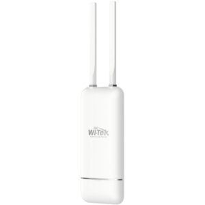 Ein weißer Wi-Fi-Repeater mit zwei senkrechten Antennen und dem Aufdruck "Wi-Tek" auf der Vorderseite.