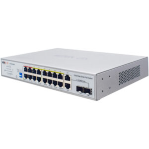 Ein silberner Netzwerkswitch mit 18 Ethernet-Ports, bezeichnet als "Cloud Easy Smart PoE Switch", mit weiteren zwei SFP-Ports auf der rechten Seite.