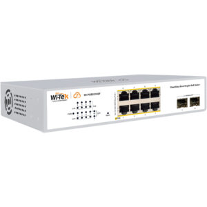 Ein Wi-Tek Cloud Easy Smart Gigabit PoE Switch mit mehreren Ethernet- und SFP-Anschlüssen auf der Vorderseite, Modell WI-PGES310GF.