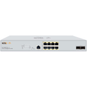 Ein grauer WiTek WM-PCMS3610GT-L3 Cloud L3 verwalteter PoE-Switch mit mehreren Netzwerkanschlüssen auf der Vorderseite.