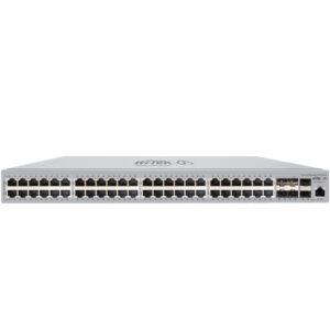 Ein Netzwerk-Switch mit 48 Ethernet-Ports und zusätzlichen SFP-Ports an der Vorderseite, in einem silbernen Gehäuse.
