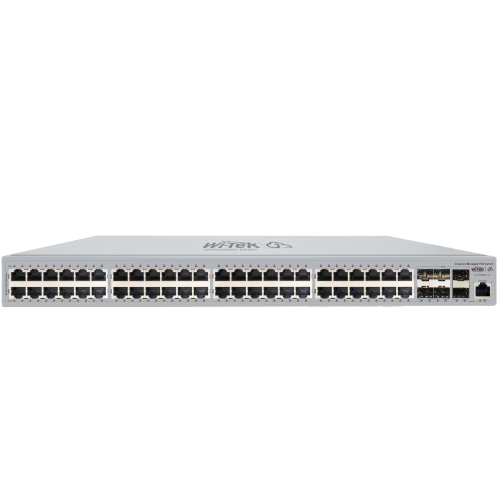 Ein Netzwerk-Switch mit 48 Ethernet-Ports und zusätzlichen SFP-Ports an der Vorderseite, in einem silbernen Gehäuse.
