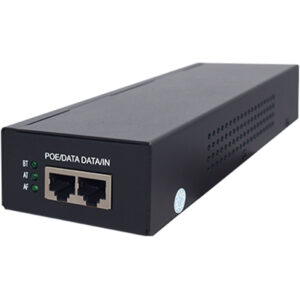 Ein schwarzes PoE-Gerät (Power over Ethernet) mit zwei Ethernet-Anschlüssen und drei grünen LED-Anzeigen auf der Vorderseite, beschriftet mit "POE/DATA DATA/IN" sowie den Bezeichnungen BT, AT und AF.