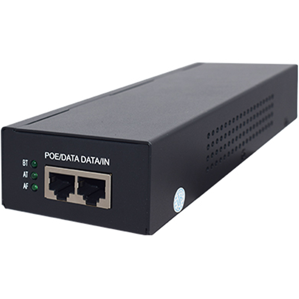 Ein schwarzes PoE-Gerät (Power over Ethernet) mit zwei Ethernet-Anschlüssen und drei grünen LED-Anzeigen auf der Vorderseite, beschriftet mit "POE/DATA DATA/IN" sowie den Bezeichnungen BT, AT und AF.