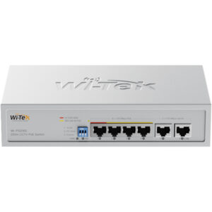 Ein Wi-Tek Netzwerk-Switch, Modell WI-PS206S, verwendet für CCTV mit 250m Power over Ethernet (PoE) Unterstützung, verfügt über sechs Ethernet-Ports, darunter vier 100 Mbps PoE-Ports und zwei 100 Mbps Uplink-Ports, sowie Schalter für VLAN, PD Alive und Extender-Funktionalität auf der Vorderseite.