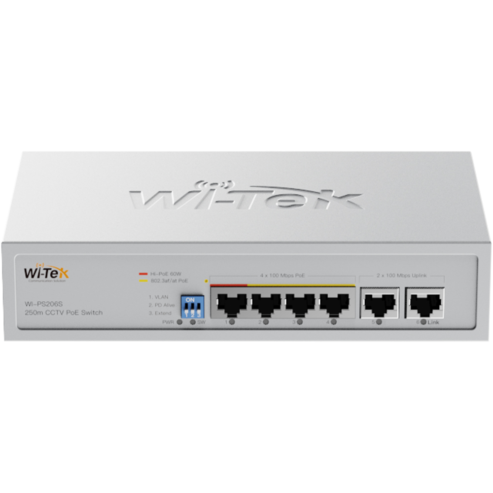 Ein Wi-Tek Netzwerk-Switch, Modell WI-PS206S, verwendet für CCTV mit 250m Power over Ethernet (PoE) Unterstützung, verfügt über sechs Ethernet-Ports, darunter vier 100 Mbps PoE-Ports und zwei 100 Mbps Uplink-Ports, sowie Schalter für VLAN, PD Alive und Extender-Funktionalität auf der Vorderseite.