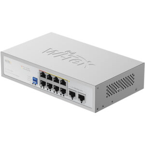 Ein silberner PoE-Switch von Wi-Tek mit mehreren Ethernet-Ports auf der Vorderseite, geeignet für die Nutzung in CCTV-Systemen.