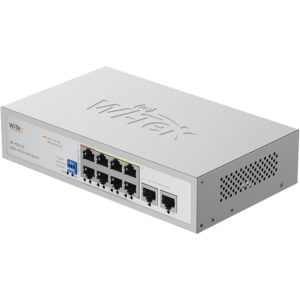 Ein silberner CCTV PoE-Switch von Wi-Tek mit mehreren Ethernet-Anschlüssen und Belüftungsschlitzen an der Seite.