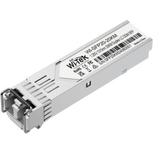 Ein Wi-Tek WI-SFP20-20KM Duplex LC Modul mit Beschriftungen und Anschlüssen, geeignet für Netzwerkverbindungen.