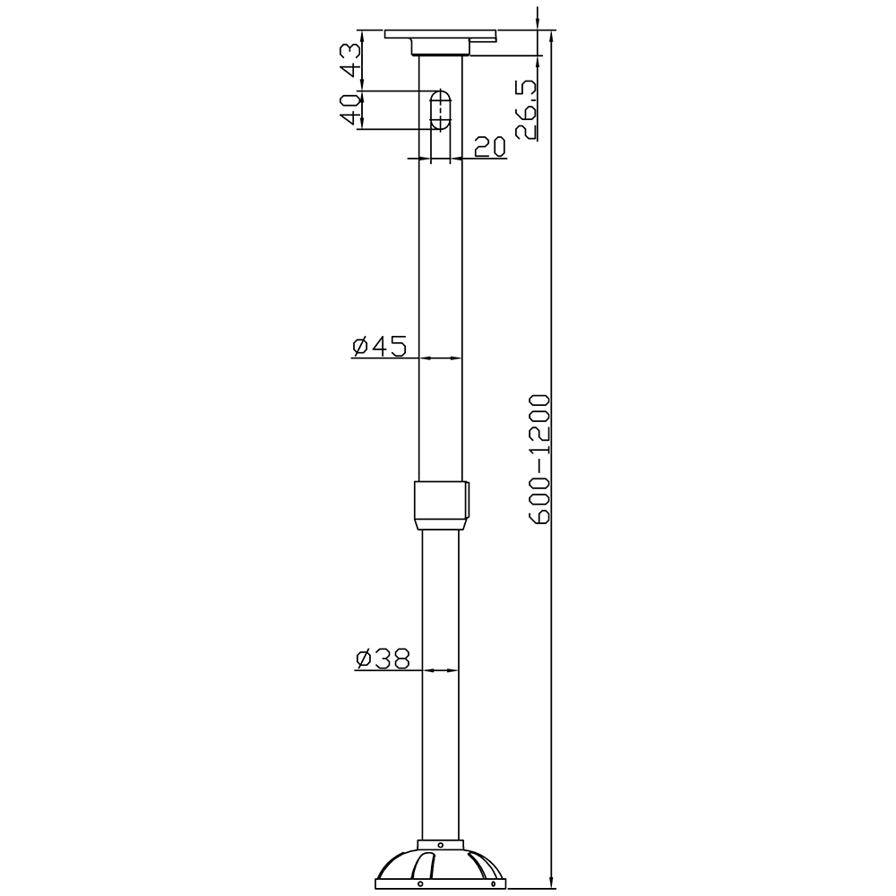 Technische Zeichnung einer verstellbaren Stange mit einer Gesamthöhe von 600 bis 1200 mm, Durchmesser von 38 bis 45 mm und einer Befestigungsplatte oben und unten, wobei spezifische Abmessungen wie 40,43 mm, 26,5 mm und 20 mm angegeben sind.