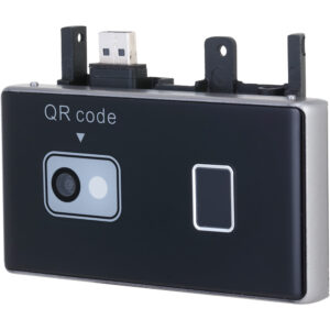 Kleiner, rechteckiger QR-Code-Scanner mit USB-Anschluss und Kameralinse auf der Vorderseite, schwarz mit silbernem Rand.