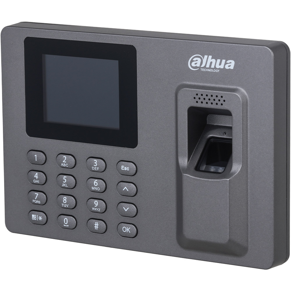 Ein graues biometrisches Zugangskontrollgerät von Dahua Technology mit einem Bildschirm, einem Tastenfeld und einem Fingerabdruckscanner.