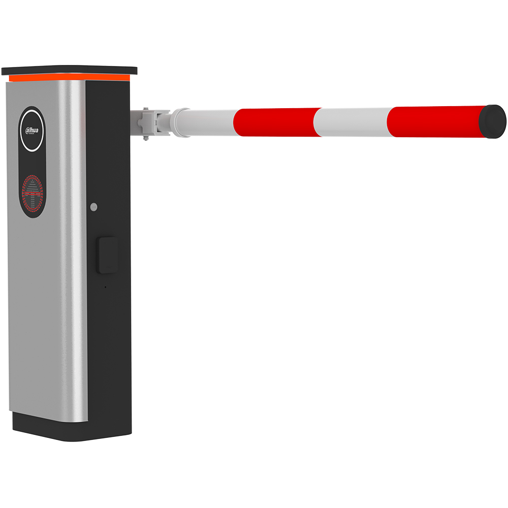 Automatische Schranke mit silbernem und schwarzem Gehäuse, ausgestattet mit rot-weiß gestreiftem Schrankenarm.